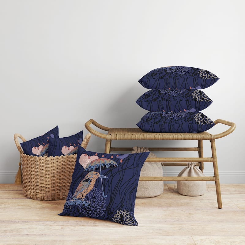 Bird with Umbrella Faux Suede Reversible Throw Pillow Blue and Orange