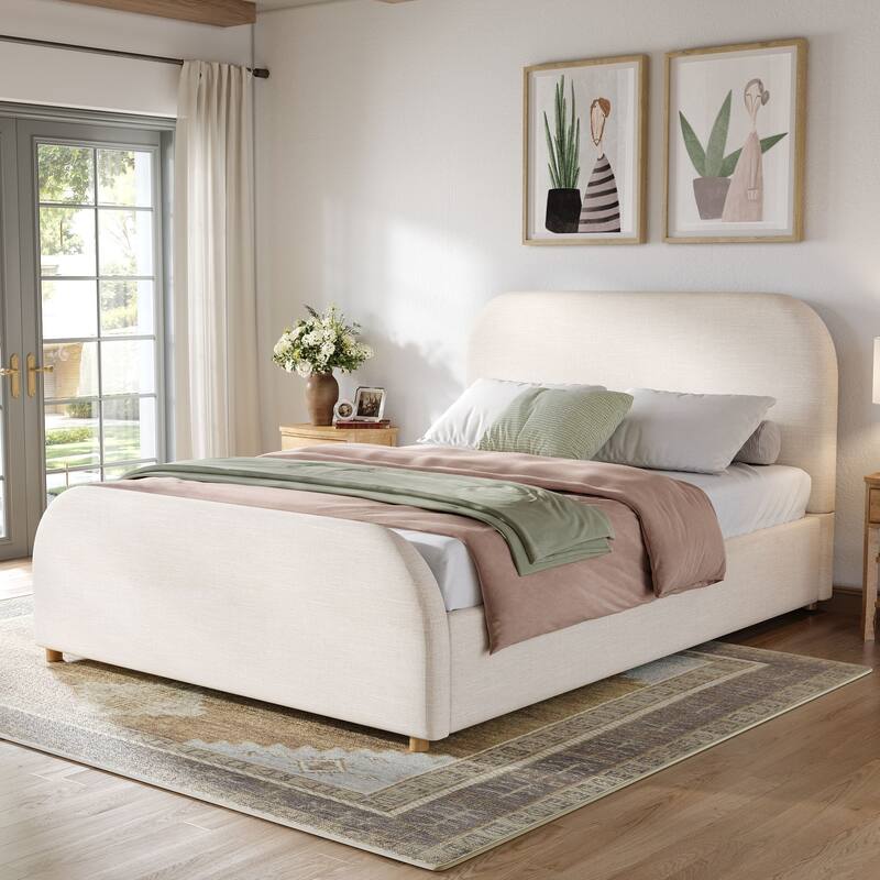 Christopher Knight Home - Thalassa Linen Bed Frame with Curved Headboard and Solid Wood Legs - Beige - Twin
