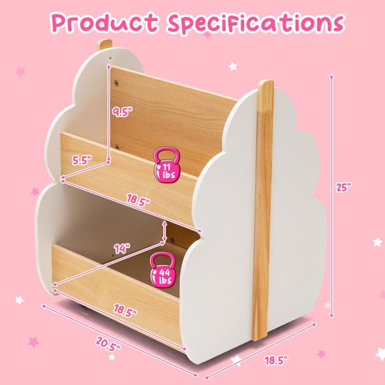 Kids Wooden Bookshelf with Universal Wheels - 20.5" x 18" x 25"
