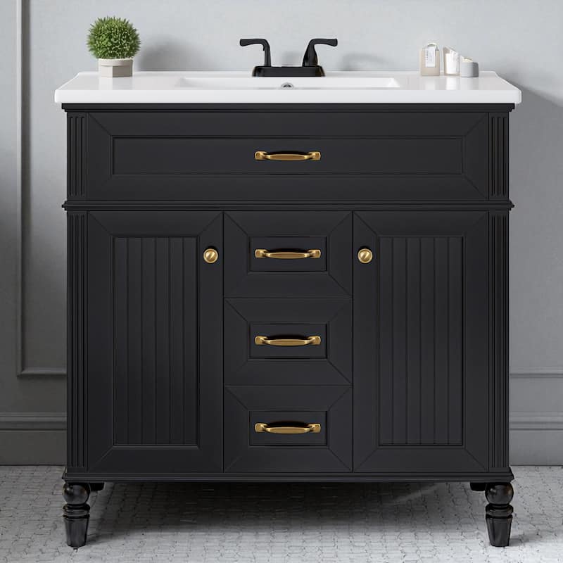 Modern 36 Inch Bathroom Vanity with Ceramic Sink, Solid Wood Frame, Golden Handles, Flip-Out Top Drawer & Storage Cabinet - Black