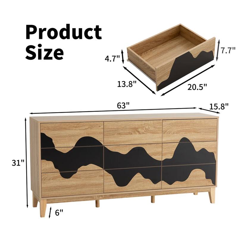 63" Wide 9 Drawer Dresser Dresser Storage Cabinet