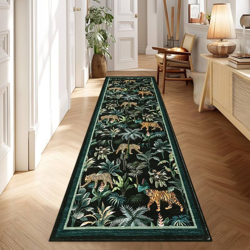 Living Room Rug Jungle Tiger Area Rug Plant Rugs Low Pile Non Shedding Soft Accent Carpet for Bedroom, Dining Room - 2'x6' - Black