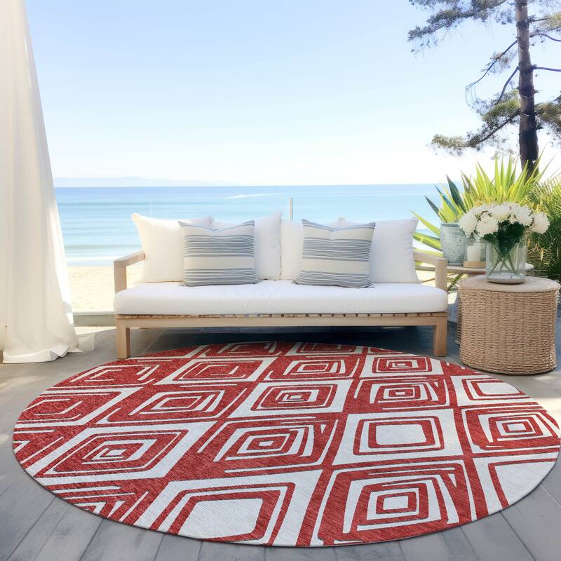 Machine Washable Indoor/ Outdoor Chantille Contemporary Diamonds Rug - Red - 8' x 8'