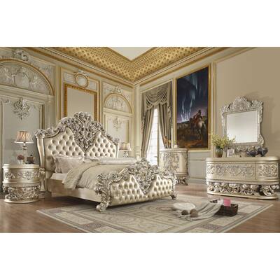 Vatican Eastern King Bed, PU Leather, Light Gold & Champagne Silver Finish