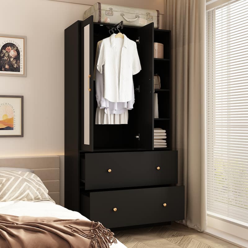 Wardrobe Closet Armoire wi/Mirror & Scalable Hanging Rod Space Saving