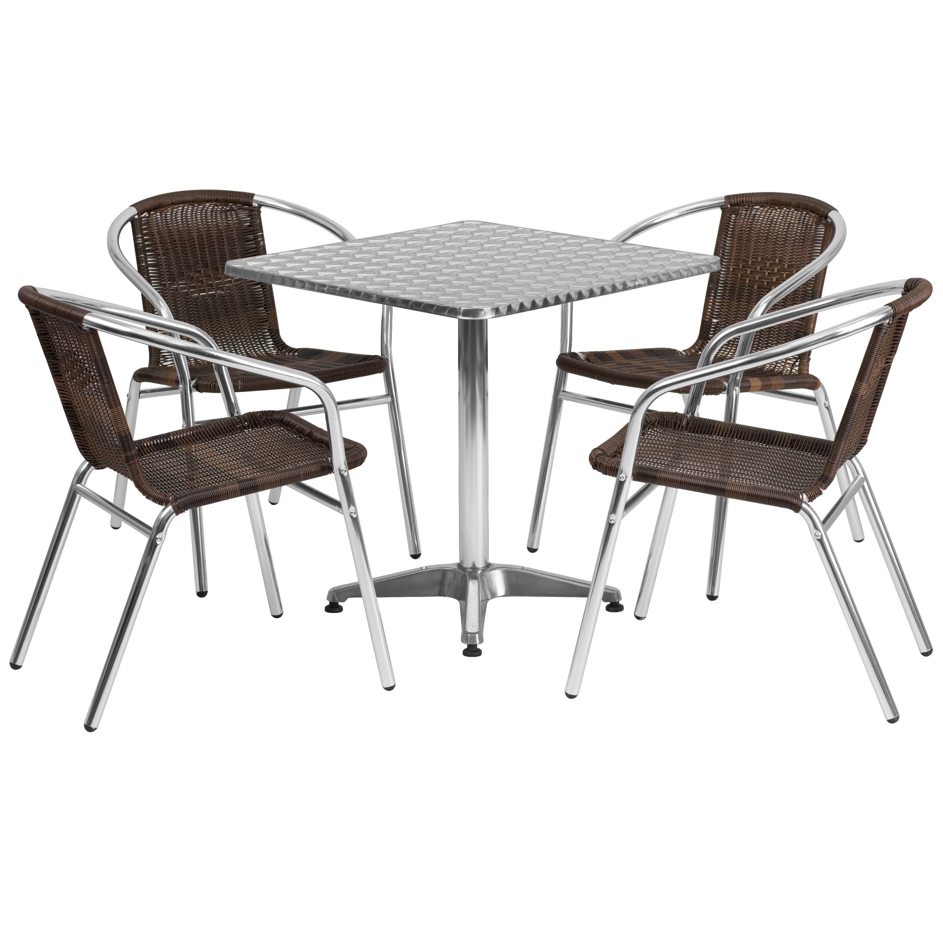 27.5'' Square Aluminum Indoor-Outdoor Table Set with 4 Rattan Chairs - 27.5"W x 27.5"D x 27.5"H