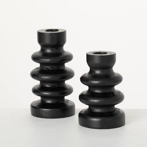 6" Ripple Candlestick - Set of 2, Black - 3.25"L x 3.25"W x 6"H, 3.25"L x 3.25"W x 5.25"H