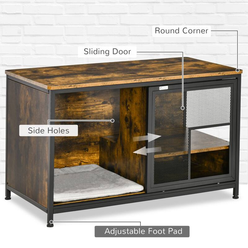Furniture Style Dog Cage, Wood & Steel End Table Pet House with Cushion and Sliding Doors