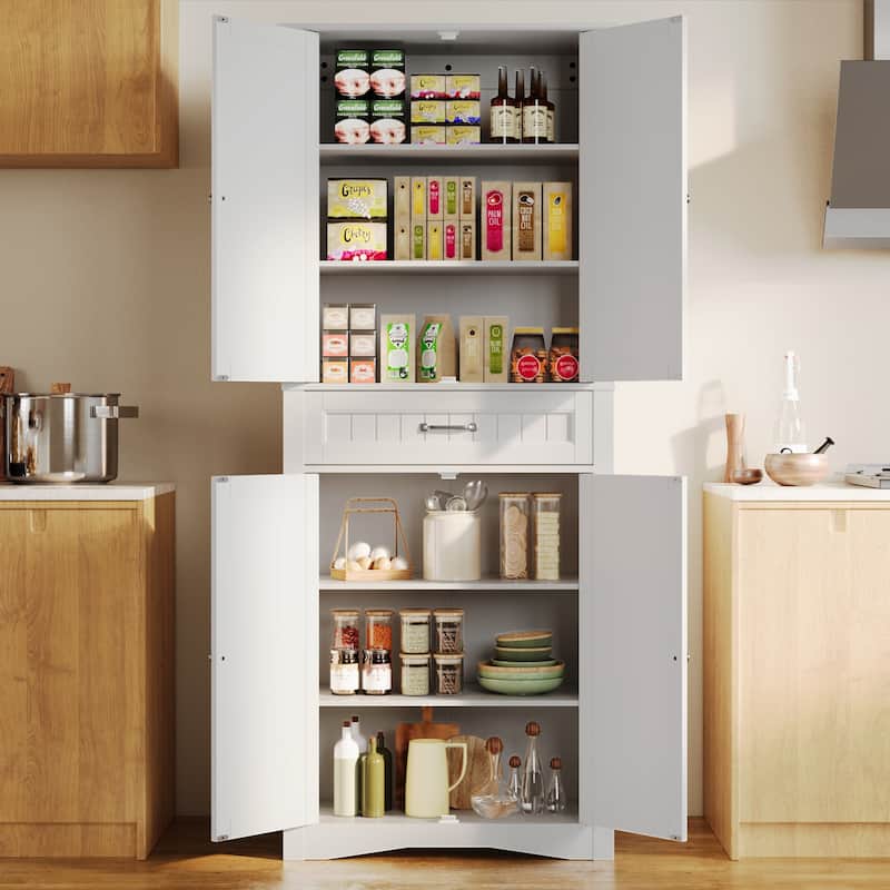 71'' Kitchen Pantry Storage Cabinet, Freestanding Pantry Organizers and Storage Cabinet with 4 Doors and 4 Adjustable Shelves - White