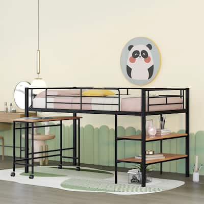 Merax Twin Size Metal Loft Bed with Desk and Shelves