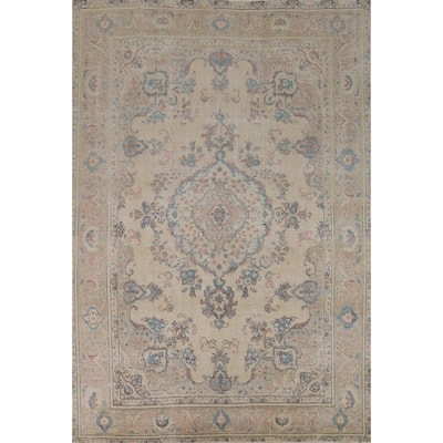 Tabriz Persian Area Rug Beige Oriental Hand-Knotted Wool Carpet - 7'11"x 11'0"