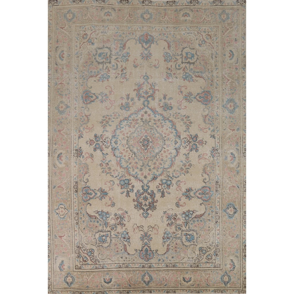 Tabriz Persian Area Rug Beige Oriental Hand-Knotted Wool Carpet - 7'11"x 11'0"