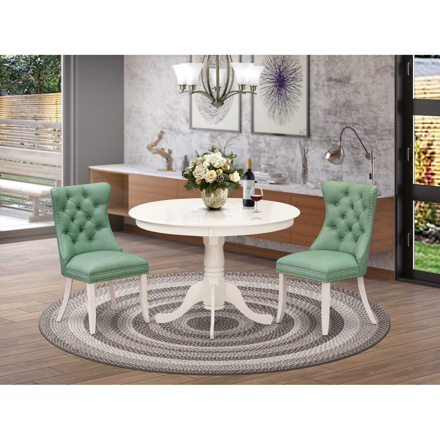 3-Piece Linen White Finish Solid Wood Top-Round Upholstered Dining Room Set-Seats 4