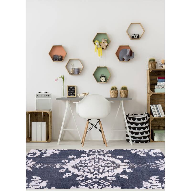 ECARPETGALLERY Hand-knotted La Seda Dark Navy Silk, Wool Rug - 5'9 x 8'9