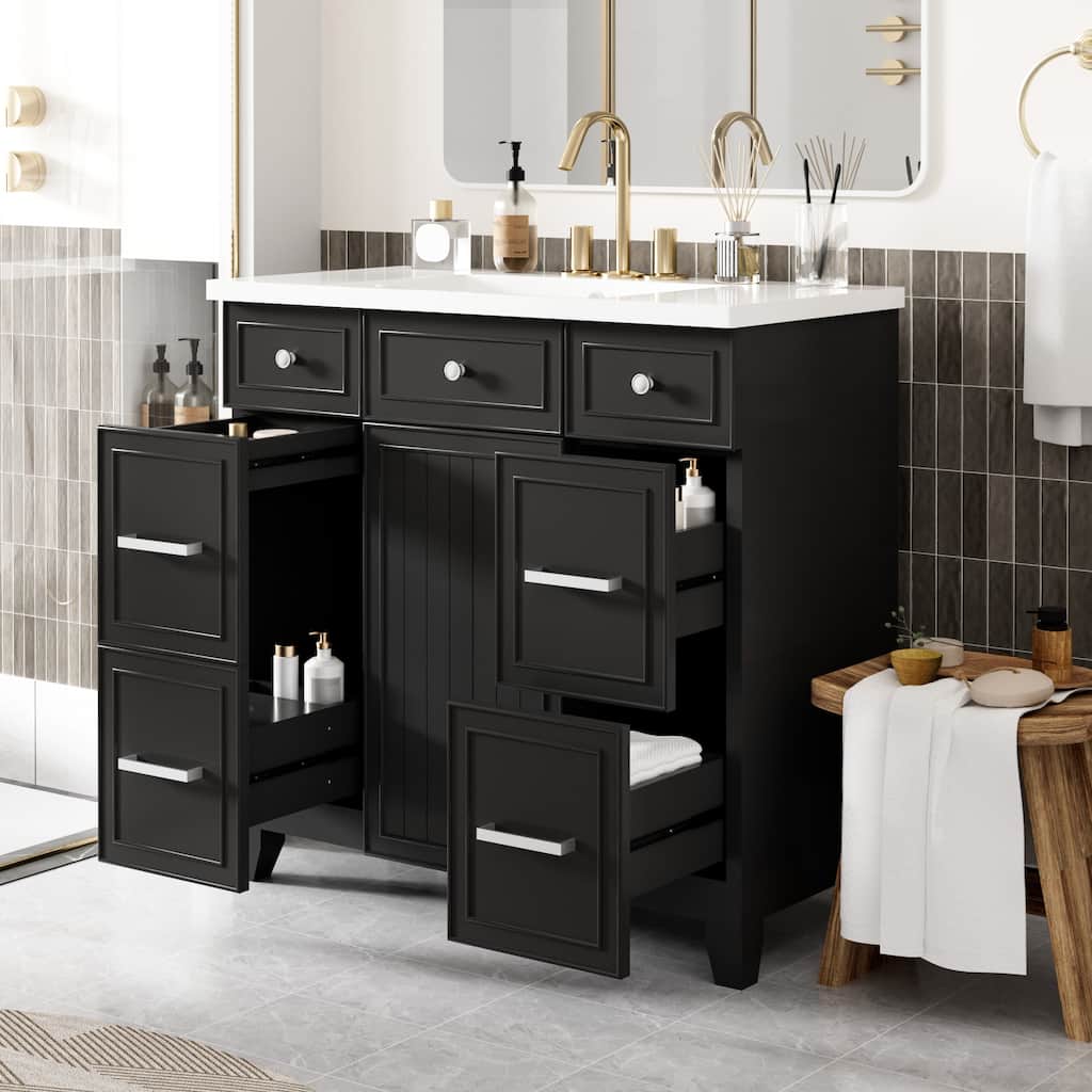 GDFStudio - Mario Solid Wood 36" Bathroom Vanity Cabinet with 4 Drawers and 1 Soft-Close Door