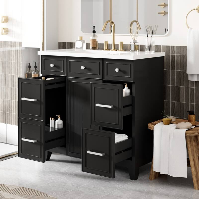 Modern 36-Inch Free-Standing Vanity with Single Sink, Storage Drawers & Adjustable Shelf - Black