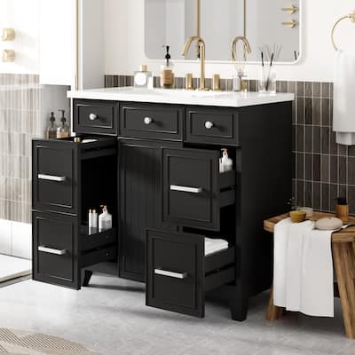Modern 36-Inch Free-Standing Vanity with Single Sink, Storage Drawers & Adjustable Shelf