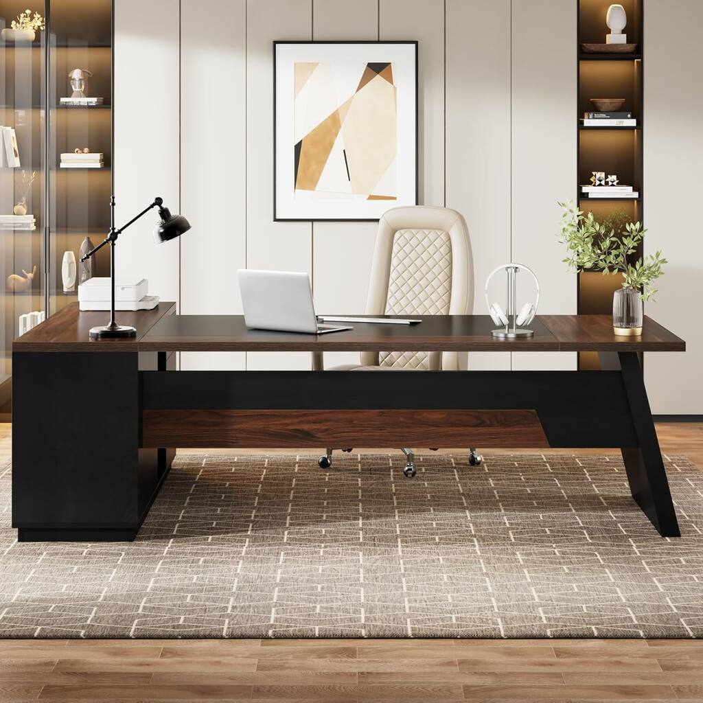 78.7" L-Shaped Executive Desk with File Cabinet Dark Walnut + Black