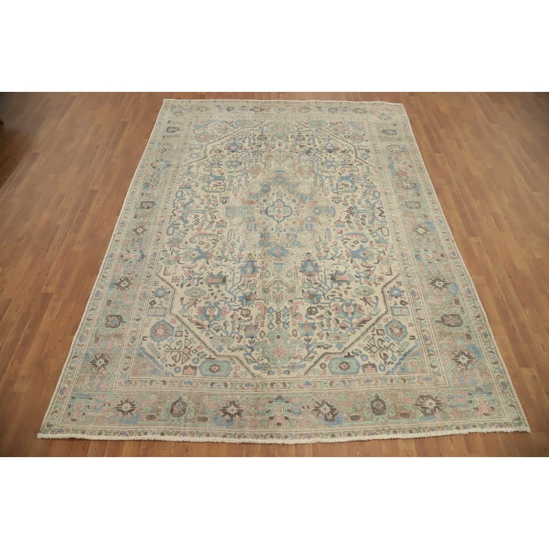 Hand Knotted Oriental 100% Wool Carpet Traditional Floral Beige & Ivories Tabriz Area Rug - 10' 7'' X 7' 9''
