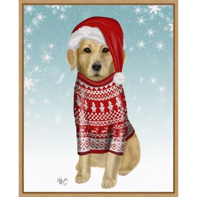 Golden Retriever in Christmas Sweater by Fab Funky (23 x 28 in.), Framed Canvas Wall Art Print - Sylvie Natural