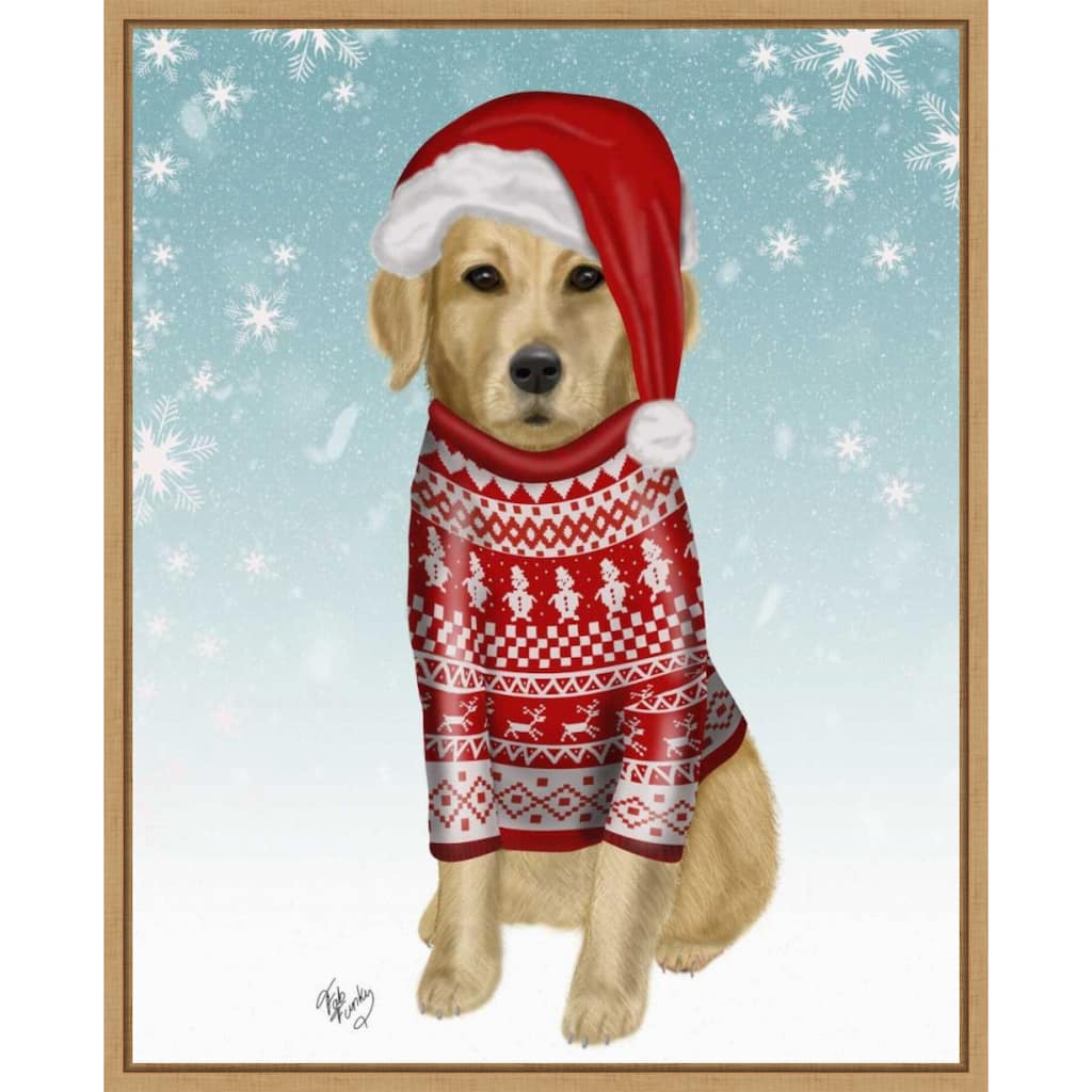 Golden Retriever in Christmas Sweater by Fab Funky (23 x 28 in.), Framed Canvas Wall Art Print - Sylvie Natural