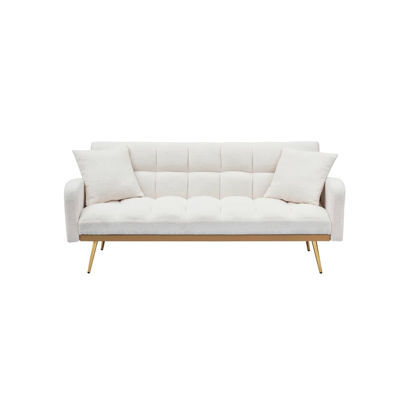 Futon Sleeper Sofa Bed Teddy Fabric Lounge Couch with 3 Speed Adjustable Back, Removable Armrest and Pillows for Small Space