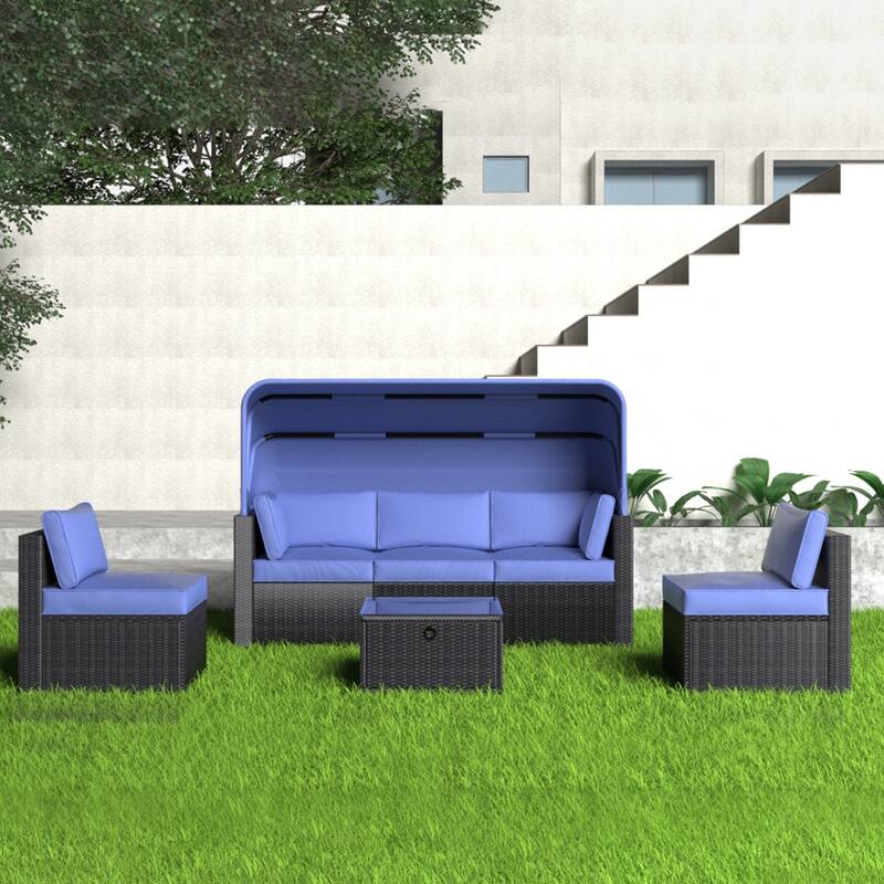 6 Pieces Patio Furniture Sets, Outdoor Rattan Daybed with Retractable Canopy, Outdoor Chaise Chair Sunbed