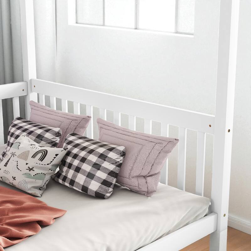 Full Size Wooden Canopy Floor Bed with Guardrails and Fence, Rubber Wood Frame, Kids Montessori Bed