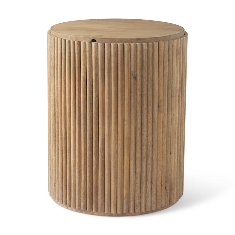 Terra Dark Brown Solid Wood Fluted Round Side Table - Light Brown