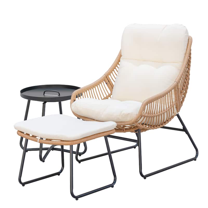 Chaise Lounge Chair with Ottoman and Coffee Table, Wicker Egg Chair Oversized Rattan Patio Cozy Chairs with Footstool