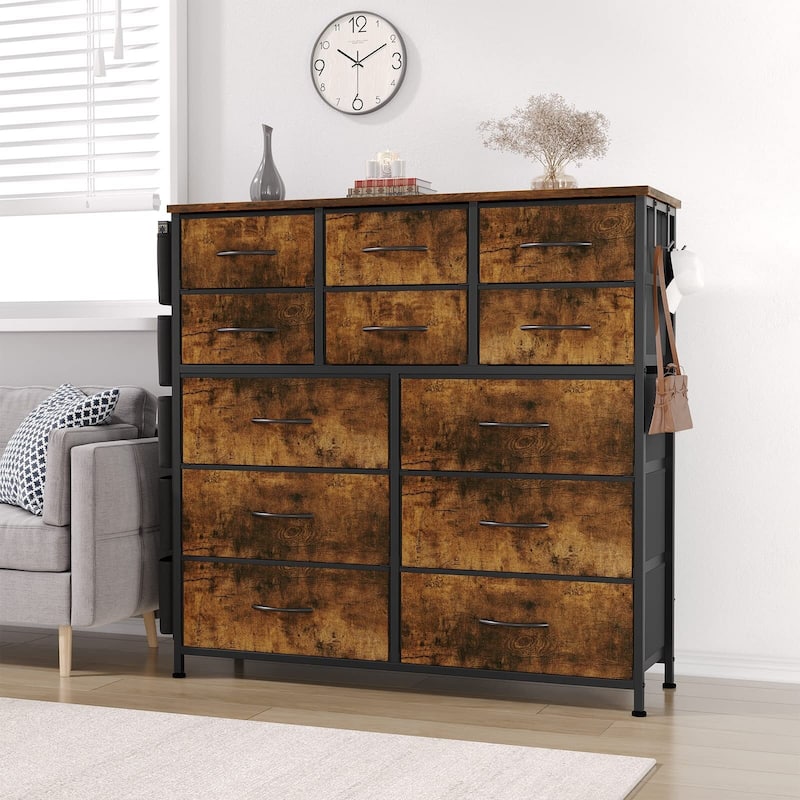12 Drawer Dresser for Bedroom,Tall Fabric Dresser with Side Pockets and Hooks - Brown