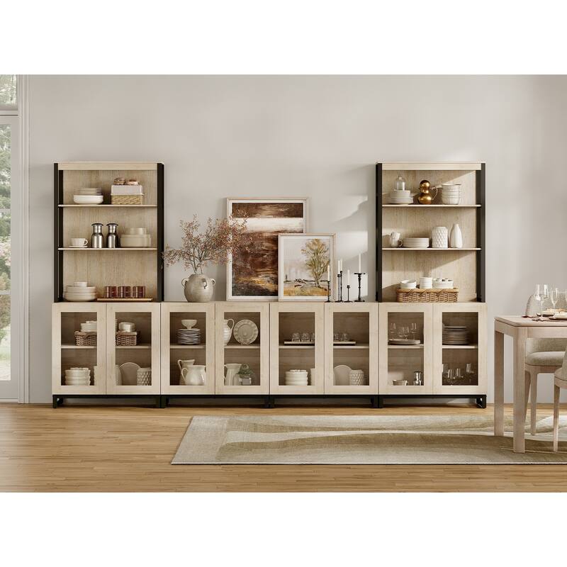 Modern Farmhouse Buffet Cabinet with 3 Tiers and 4 Cabinets, Wooden Sideboard for Dining Room or Kitchen