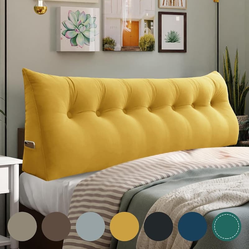 Velvet Headboard Reading Wedge Pillow for Bed Rest Sit Up Back Support - King - Yellow