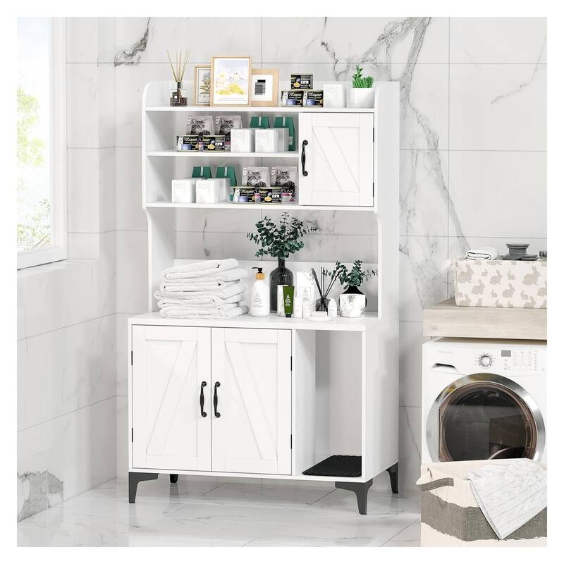 Cat Litter Box Enclosure With Shelves,Hidden Litter Box Furniture - White_With cat litter mat