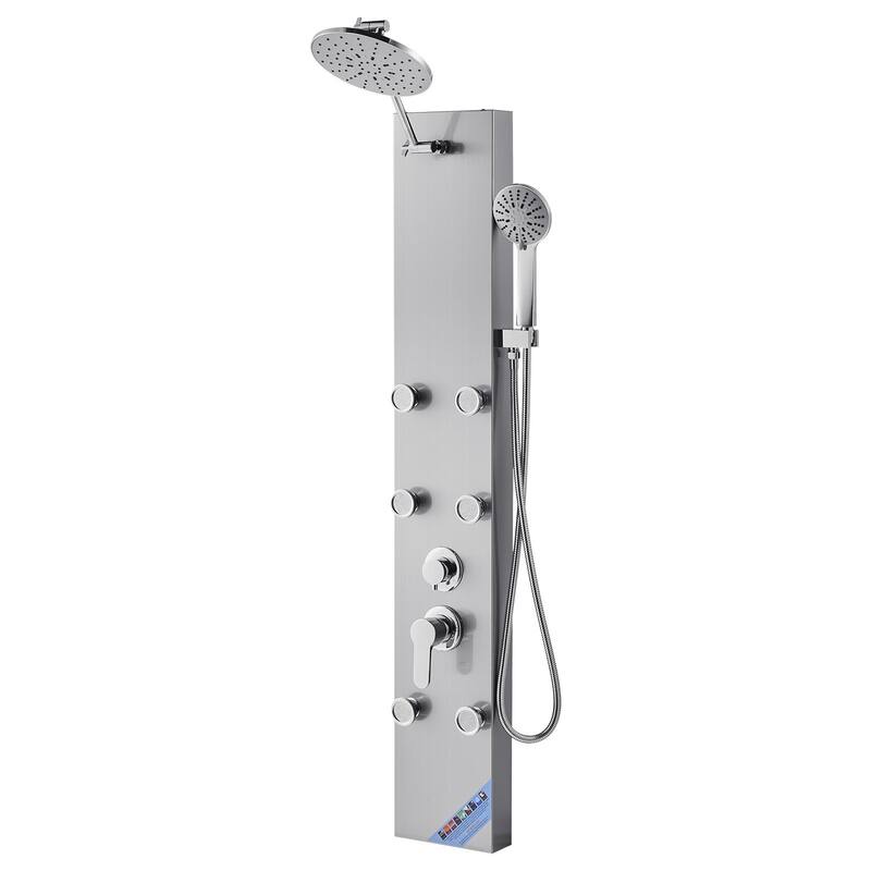 Silver Wall Mounted 3-in-1 Shower Panel Tower with Rainfall Head and Massage Jets Handheld Sprayer - 48.8” x 7.9” x 17.7”