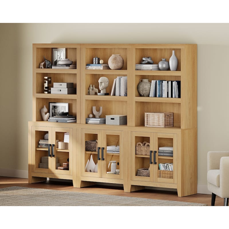 WAMPAT 3 Tier Bookshelf with Glass Door, 74" Tall Bookcase with Adjustable Shelf and Storage Cabinet, Farmhouse Wooden Bookshelf