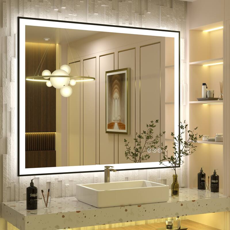 Front & Back LED Anti-Fog Tempered Glass Framed Bathroom/Vanity Mirror 3-Year Warranty - 44" x 36"-Square Corner - Black