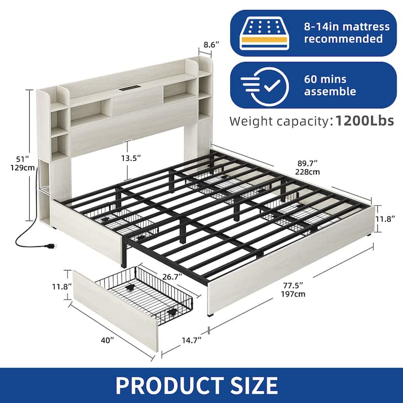 Moasis LED Bed Frame with Bookcase Headboard, 4 Storage Drawers and Type-C USB Charging Station