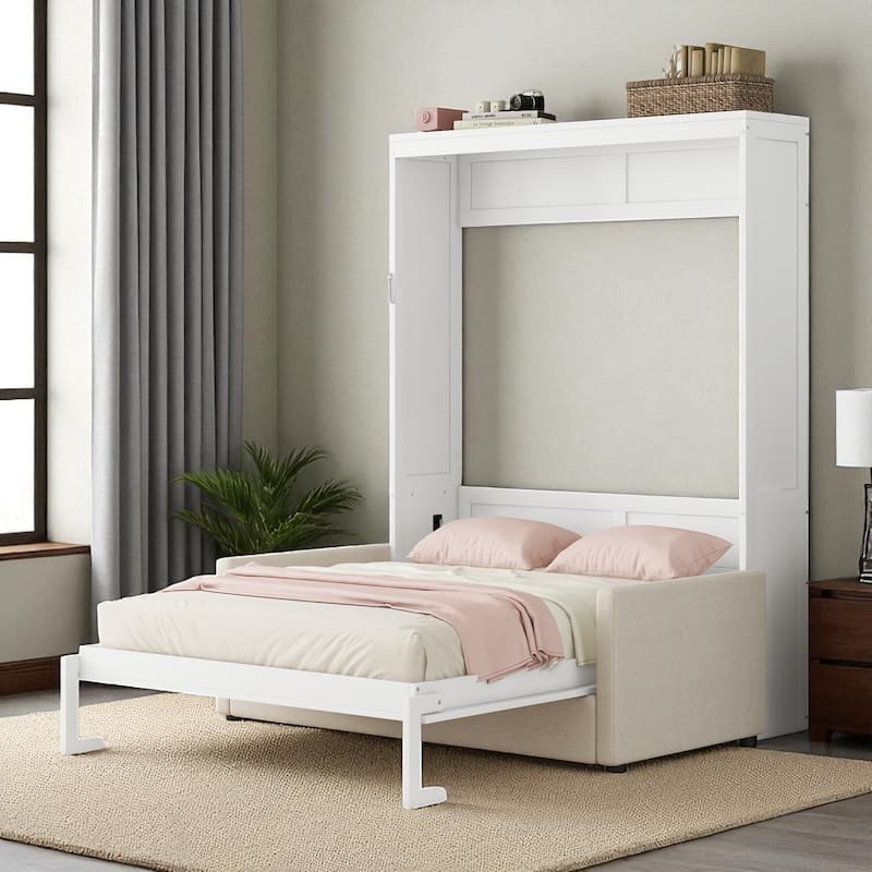 Queen Murphy Wall Bed with Sofa Cushion, Dual-Piston Fold Down, 8 in Mattress, 600 lb Capacity, 66.8 x 87 x 87.8 in