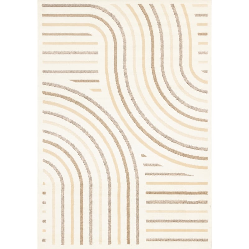 Forte Cream Beige Brown Curvy Lines Area Rug, 5'3" x 7'5"