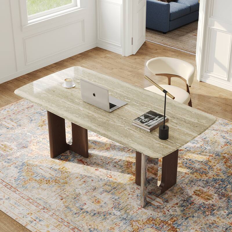 Modern 63" Retangular Wrining Desk, Faux Marble Table Top Desk With Double Legs