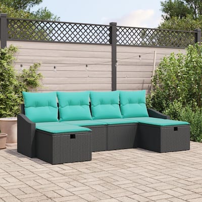 vidaXL 6 Piece Garden Sofa Set with Cushions Black Poly Rattan - 98.8×46.1×27.2