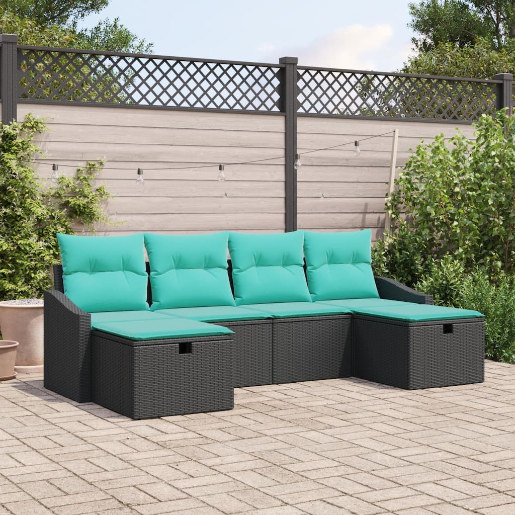 vidaXL 6 Piece Garden Sofa Set with Cushions Black Poly Rattan - 98.8×46.1×27.2