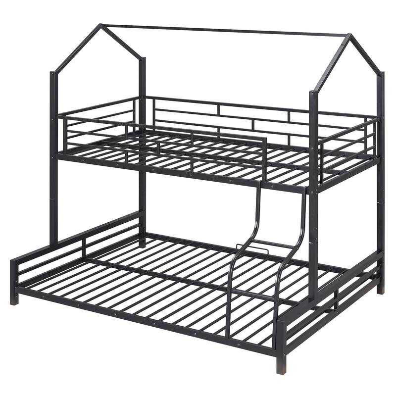 Metal House Bunk Bed with Roof, Ladder, and Fence for Kids