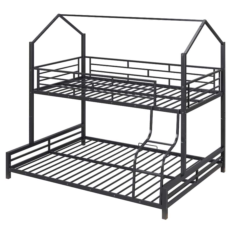 Twin Over Full Kids Heavy Metal House Low Bunk Bed, Convertible Floor Bunk Bed Frame with Full-Length Guardrail and Ladder