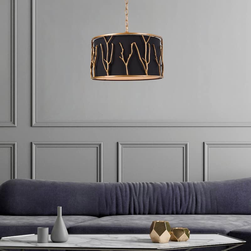 Modern 4-Light Brass Gold Drum Chandelier Black Fabric Shade for Dining Room - D 15.5" x H 10"