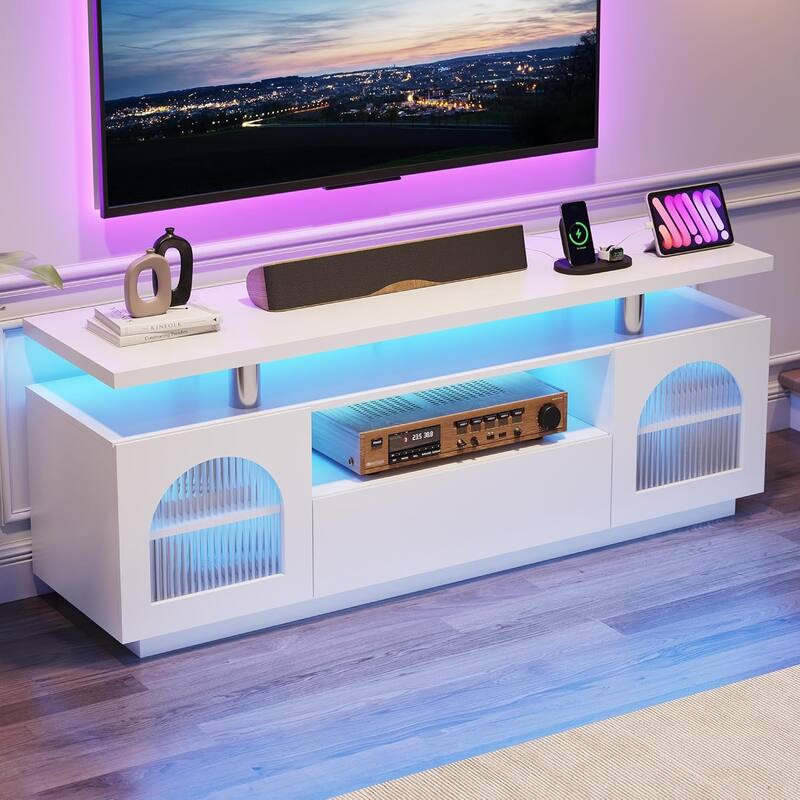 TV Stand for 65 inch TV, Modern Entertainment Center with Power Outlets and LED Lights