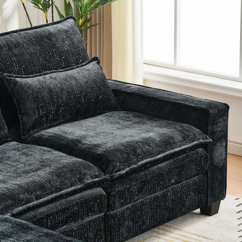 Cloud Chenille L-shaped Sectional Sofa, Deep Seat Couch with Thick Cushions, Movable Ottoman and Waist Pillows for Living Room