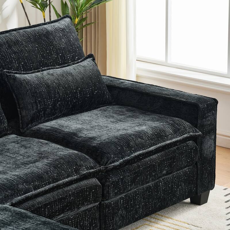 L Shaped Sectional Sofa with Movable Ottoman, Chenille Upholstered 4 Seater Sofa, Cloud Deep Seat Couch with Lumbar Pillow