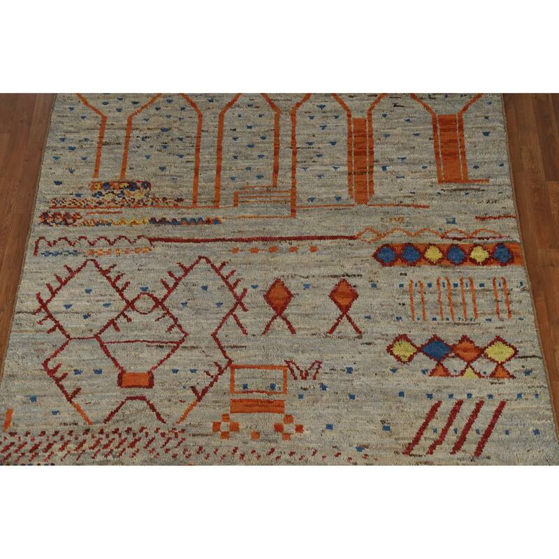 Moroccan Oriental Area Rug Hand-Knotted Grey Wool Carpet - 6'8" x 9'10"